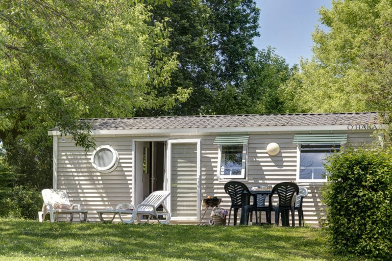 Mobil-home moderne entouré de nature verdoyante.